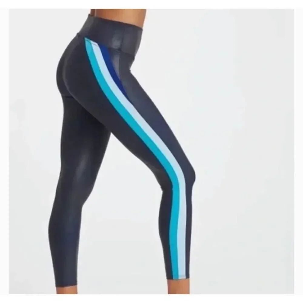 Spanx faux leather blue military stripe S shapewear leggings